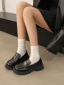 2025 Wiosna Nowe Skórzane Buty W Stylu Japońskim Dla Kobiet, Czarne Grube Podeszwy Zwiększona Wysokość Wsuwane Mokasyny, Retro Brytyjski Styl JK Moda Uniwersalne Płaskie Buty - Czarne - Zobacz 9