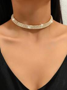 Women Fashion Rhinestone Necklace For Party,2Pcs/Set Necklace And Bracelet Jewelry Decoration Rhinestone Fashion Accessories Set,Women Alloy Pendant Necklace Bracelet And Earrings Set For Wedding And Bridal,Rhinestone Round Choker Necklace Gold/Silver - 三排金色水鑽 - 查看 2