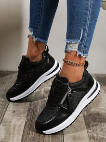 Women's Lace-Up Black Sequin Color Block Low Top Casual Sneakers, Women's Fashion Comfort Lightweight Minimalist Design Platform Shoes, Outdoor Versatile Skateboard Shoes, Thick Sole Elevator Shoes - Black - View 4