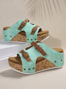 2025 Summer New European And American Fashion Double Buckle Rivet Decor Plus Size Wedge Thick Bottom Slide Sandals