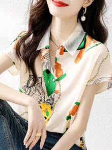 YUXIN Women's Printed Short Sleeve Shirt, With Delicate Collared Design, Suitable For Daily Commute & Casual Wear, Breathable & Comfortable, Elegant For Spring/Summer