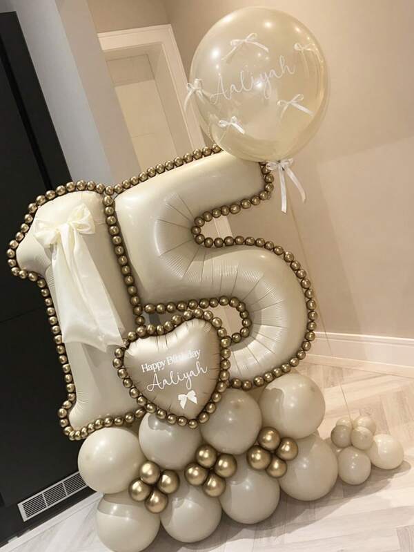 Set de baloane cu coloane cu numere de 44 buc, inclusiv baloane din folie cu numere de 32 inch (81,28 cm), baloane rotunde din latex ivoire și metalice șampanie, potrivite pentru aniversare, decor aniversare, mireasă, nuntă, decor de absolvire, vacanță, decor de petrecere