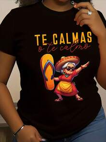 Playera con estampado de mamá mexicana para mujer - Top casual de punto de poliéster de manga corta con cuello redondo, ajuste en H, ajuste regular, jersey sin mangas, comodidad para todas las estaciones, sin almohadillas para el sujetador - Diseño de estampado gráfico - Negro - Ver 1