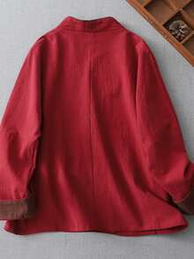 LUCIDVUE 1 件女式春夏中国风亚麻长袖 V 领休闲衬衫上衣，宽松复古优雅夹克，禅意茶道汉服风格 - 酒紅色 - 查看 4