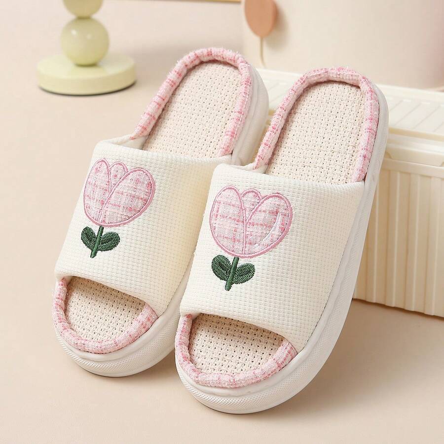 Linen Slippers For Men, Indoor Quiet Breathable Moisture-Wicking Non-Slip Odor-Resistant Flax Slides, Suitable For Women In Spring & Autumn - Pink - View 1