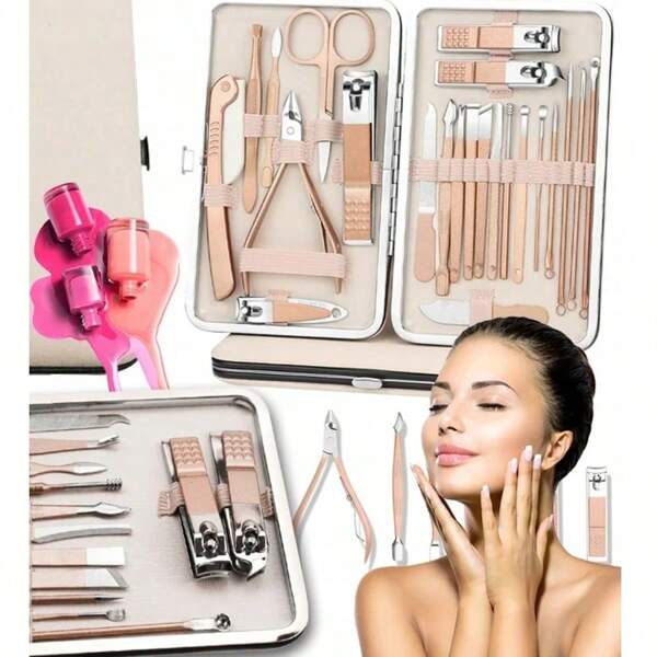 CONJUNTO DE MANICURE 23 EM 1 - GOLD ELEGANT Kit com 23 cortadores de unha e tesouras de aço inoxidável com estojo de couro, conjunto profissional de pedicure para cuidados com as mãos e os pés, utensílios de manicure portáteis para viagens e uso doméstico, kit completo para cuidados com as unhas com estojo de couro sintético rosa, adequado para homens e mulheres, conjunto de tesouras de unha afiadas e duráveis