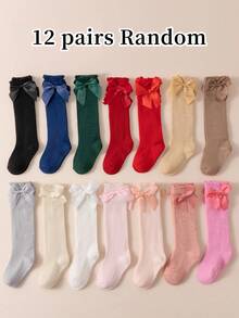 12 pares de calcetines con adorno de lazo en color rosa bebé para niñas, calcetines largos hasta la rodilla para niños, calcetines para bebés recién nacidos, calcetines lindos para niños en primavera y verano - Multicolor - Ver 7