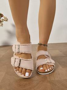 New Fashionable Women's Flat Purple Soft Cork Bottom Single Strap Mule Sandals, Suitable For Outdoor Activities And Beach. Spring/Summer, Thick Soft Cork Sole And Single Strap Slides - Pink - View 5