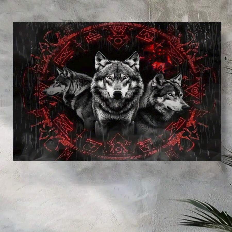 Framed   Tapestry Wild Wolves Tapestry Wall Hanging Norse Red Runes Wall Tapestry Wolf Shadows Bedroom Cool Animal Poster Wall Decor