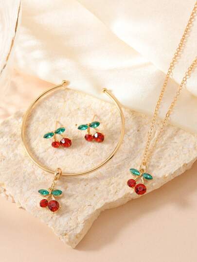 4pcs Elegant Crystal Rhinestone Green Leaf & Red Cherry Pendant Necklace, Bangle, Earring Jewelry Set, Cute Everyday Accessory, Ideal Gift