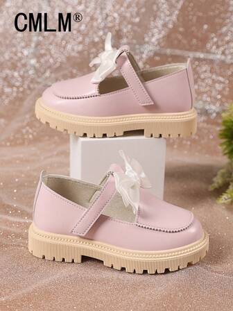 1 Pair Pink Plus Size Toddler Girls Slip-On Flat Shoes, Solid Color PU Patchwork Bow Round Toe Comfortable & Fashionable Loafers Suitable For 3-12 Year Old Girls, Spring 2025 New Arrival