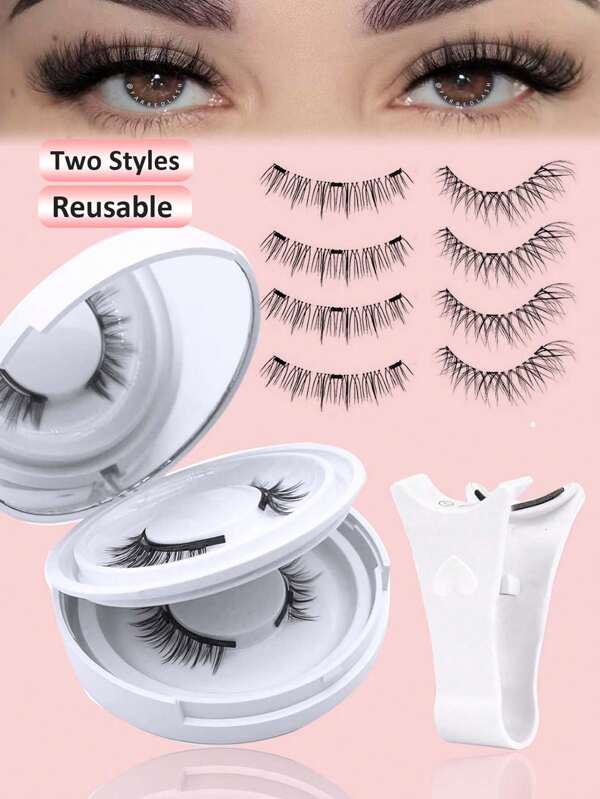2 pares de estilos diferentes de cílios magnéticos, kit de cílios magnéticos de aparência natural com aplicador de cílios magnéticos, cílios finos tipo olho de gato, kit de cílios magnéticos reutilizáveis, sem cola ou delineador