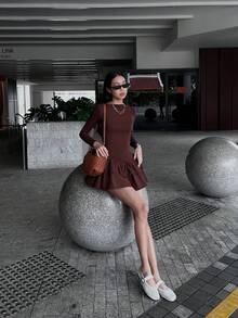 Women's Elegant Party Knit Turtleneck Long Sleeve Patchwork Ruffle Hem Mini Dress Women's Solid Color Ruffle Fitted Mini Dress - Coffee - View 6