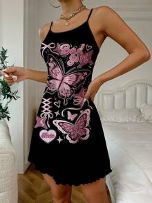 Bad Girl Pink Heart & Butterfly Pattern Camisole Slip Dress - Black - View 5