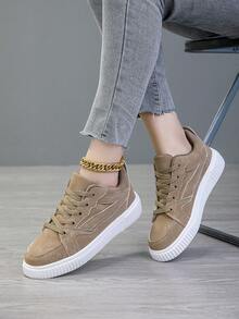 女士休闲运动鞋，时尚街头轻便滑板鞋 - 卡其色 - 查看 2