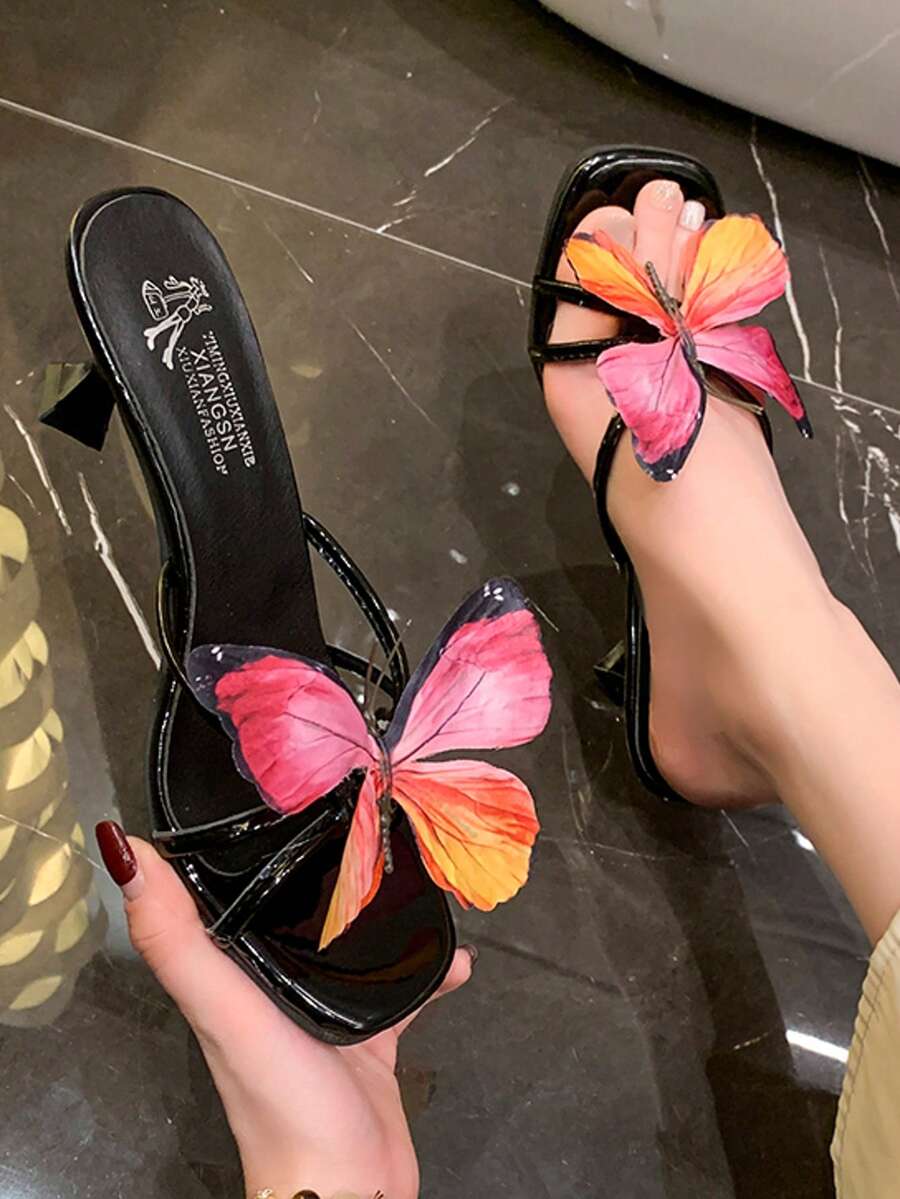 Thai Niche Design Butterfly Elegant Flat Thong Sandals For Women, 2025 Summer New Graceful High Heel Shoes - Black - View 1