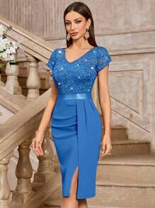MIUSOL Vestido Ajustado Elegante para Cóctel con Body de Encaje con Lentejuelas, Mangas Abullonadas y Abertura en el Muslo