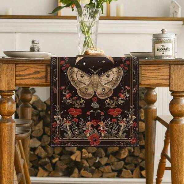 Black Poppy Moth Mushroom Moon Autumn Tablecloth, Seasonal Fall Kitchen Dining Table Decor, Home Party Decoration