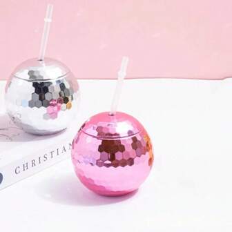 1 pieza Taza esférica efecto flash, taza de plástico con pajita, taza bola de discoteca, taza para fiesta, té con leche o jugo, capacidad 680ML