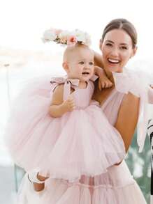 Young Girl Bowknot Tulle Party Princess Dress, Suitable For Child's Birthday Party, Flower Girl Dress, Wedding, Prom, Festival Celebration