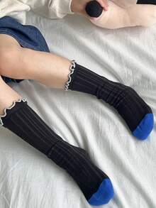 3 Pairs Girls' Sweet Princess Style Socks, Ruffled Edge Color Blocking Knee High Socks, Spring & Autumn