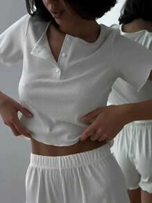 2pcs Women Summer New Solid Color Knitted Ribbed Soft Cozy Round Neck Short Sleeve T-Shirt And Shorts Loungewear Set, Suitable For Home Use