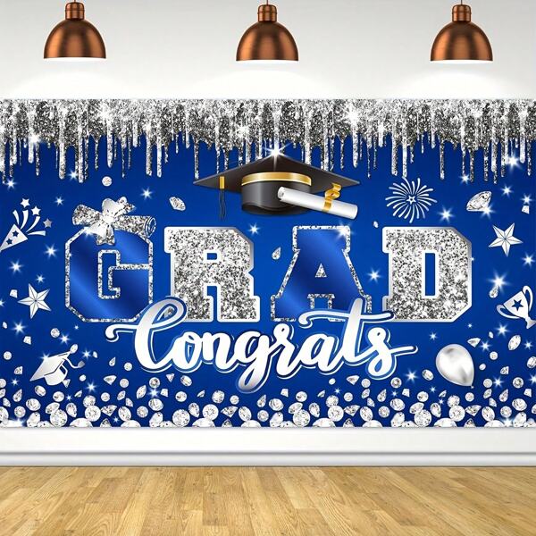 Banner voor de diploma-uitreiking 2025, felicitatiedecoraties voor het afstudeerfeest, thema blauw en zilver, geschikt voor de viering van het afstuderen van middelbare scholen en hogescholen, binnen- en buitenkamerdecoratie, schooldecoratie voor het afstudeerseizoen, verrassingsdecoratie voor de slaapzaal, terug naar school