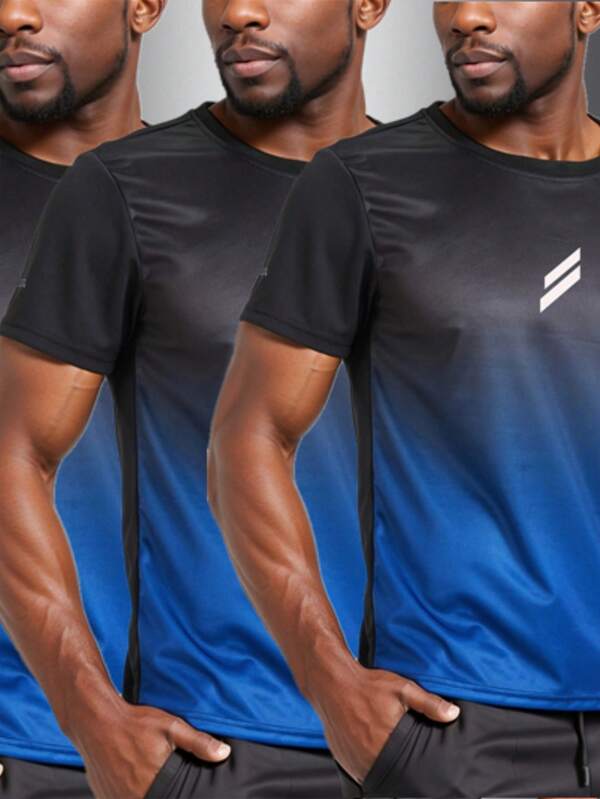 Men's Sport Ombre Short Sleeve T-Shirt, For Training,Casual Daily Wear,For Husband,Boyfriend, Summer
