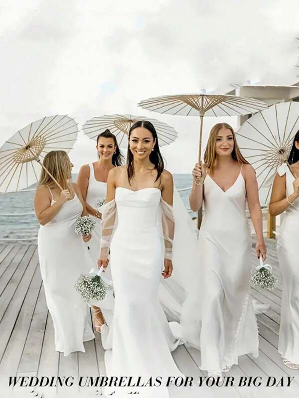 6pcs Elegant White Wedding Umbrellas, Suitable For Bridesmaids And Wedding Photography - Lightweight And Easy To Carry, Ideal For Romantic Occasions