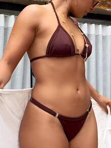 Sexy Tanning Bikini With Adjustable Thin Strap And Thong - 鏽棕色 - 查看 2
