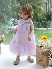 Baby Girls' Lavender 3D Bow Star Sequin Mesh Elegant Princess Dress, Suitable For 1st Birthday Party, Wedding, Flower Girl, Holiday Celebration - Mauve Purple - View 1