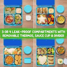 Caja Bento para Niños y Adultos con Termo, Contenedor de Almuerzo para Niños de 3-4 Compartimentos de 60OZ con Tarro de Comida Aislado de 8OZ a Prueba de Fugas, Tarro de Salsa, Utensilios para Niños y Niñas, Libre de BPA y Apto para Lavavajillas - B5.Dinosaurios de la jungla - Ver 5