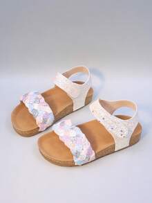 2025年夏季时尚女童罗马针织凉鞋，带绑带设计，透气，保护脚部，防滑轻质软木鞋底 - 彩色 - 查看 6