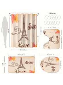 [1/4 peças Conjunto de Cortina de Chuveiro da Torre Eiffel] 1/4 peças Conjunto Elegante de Cortina de Janela do Banheiro, com 12 Ganchos, Acessórios de Decoração de Banheiro, Conjunto de Cortina de Chuveiro Impermeável de Poliéster, Adequado para Todas as Férias Volta às Aulas