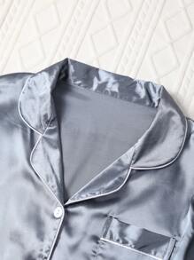 Women Elegant Solid Color Short Silk Pajama Set - Short Sleeve Button Collar Top And Pants, Soft Satin Sleepwear, Machine Washable, Suitable For Outerwear, Summer, Vacation
