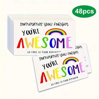 48 piezas de Tarjetas motivacionales arcoíris con diseño arcoíris, mensaje "Eres increíble", en blanco en el interior para personalizar, con texto de agradecimiento, adecuado para regalos, agradecimientos y notas