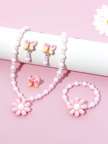 Set de 5 piezas de joyería con collar, pulsera, anillo y aretes con diseño de flores y mariposas, accesorios encantadores con cuentas, adecuado como regalo de cumpleaños para niñas - Azul - Ver 11