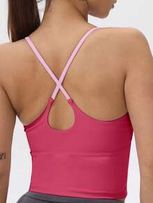 Women's Padded & Elastic Patchwork Sports Camisole Top, Yoga Strap Tank Summer - Hot Pink - View 3