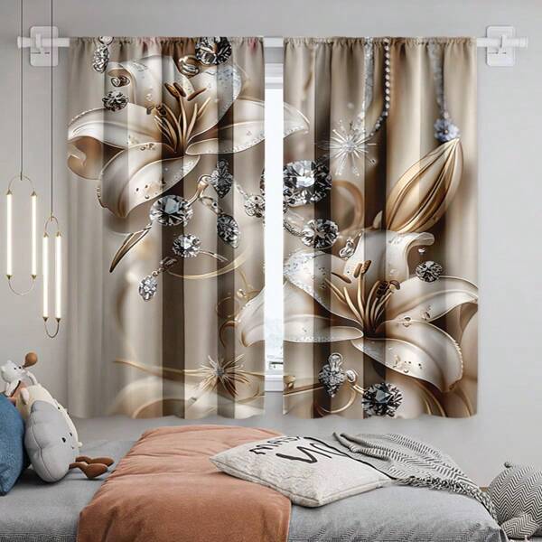 Set Of 2 Stylish 3D Flower Curtains With Floral Patterns, Pocket Rod Window Drapes, Ideal For Bedroom And Living Room, Home And Room Decor (Rod Not Included)
