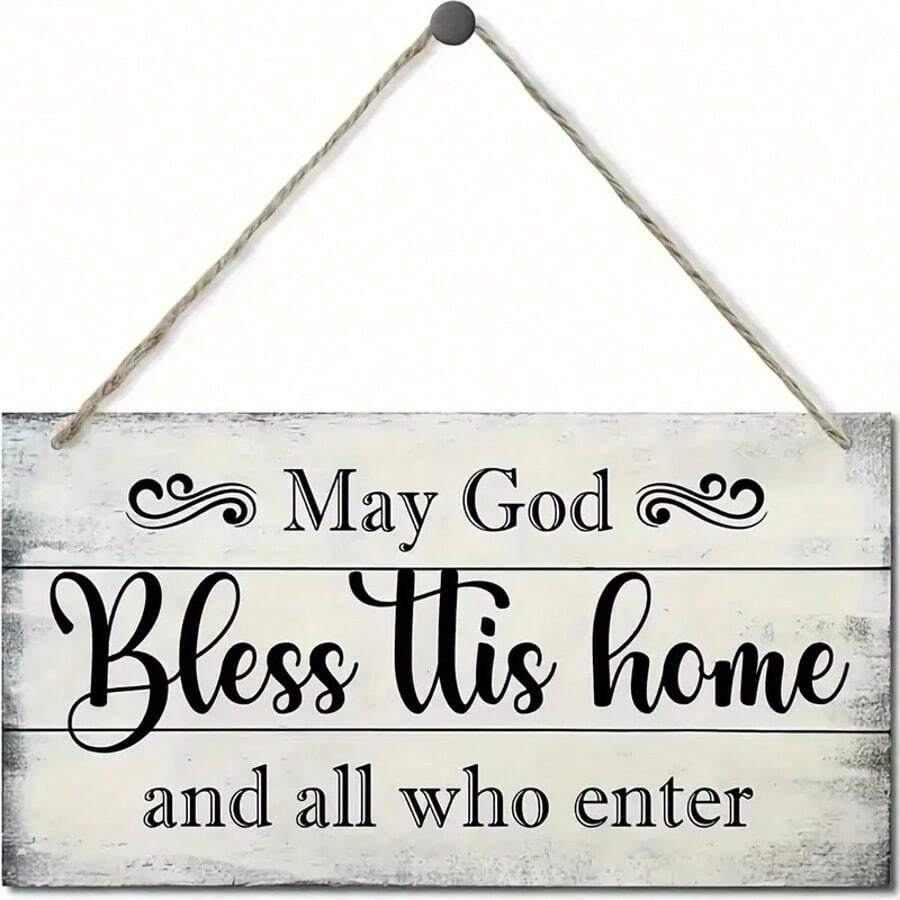 1pc Vintage 2D Flat Farm House Decor Sign "God Bless This Home", Christian Wooden Wall Hanging Plaque Decoration For Living Room And Bedroom - Yellow - View 1