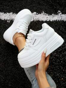 秋冬白色百搭休闲女鞋，时尚女士厚底运动鞋 - 白色 - 查看 3