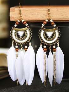 1 Cặp bông tai dài lông vũ tự nhiên phong cách Bohemian dành cho nữ - trắng - Xem 12