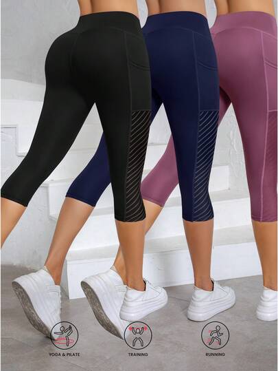 3PCHigh-Waist Peach Lift Yoga Capris For Women - Breathable, Stretchy, Hip-Lifting Workout Leggings With Pocket, Non-See-Through Polyester Blend, Ideal For All Seasons Summer