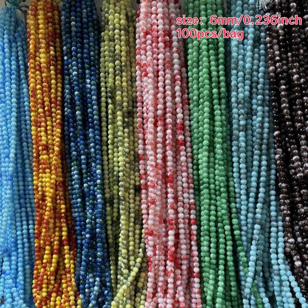 100 حبة ذات قطر 6 مم / 0.236 بوصة من تصميم الزجاج اللمبي الشبيه بالياقوت بألوان مبهجة ، ملمس ناعم مع تأثير مذهب، مناسبة لصنع المجوهرات DIY والإكسسوارات وحبات الفراغ، الملمس الفريد يوفر إلهام للأنماط الفنية المختلفة