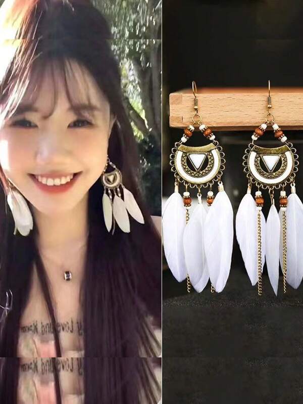 1 Pair Bohemian Natural Feather Long Earrings For Women