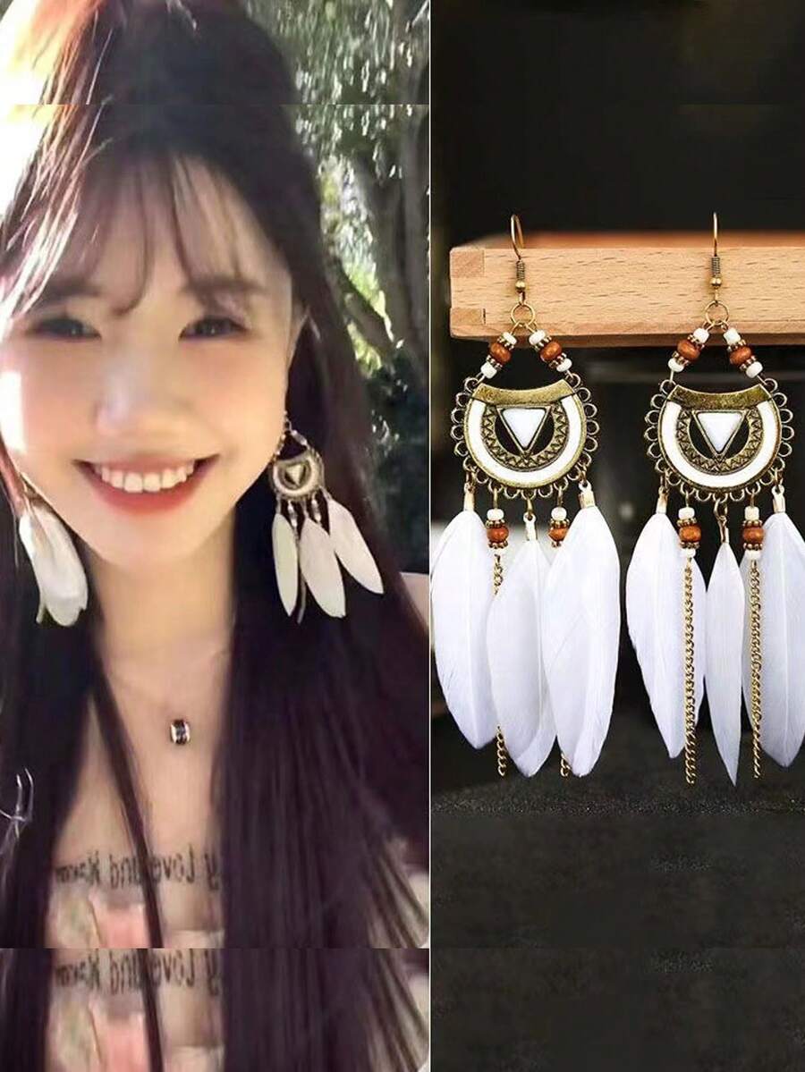 1 Cặp bông tai dài lông vũ tự nhiên phong cách Bohemian dành cho nữ - trắng - Xem 1
