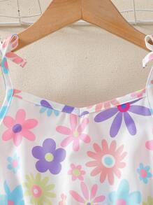 2pcs/Set Girls Summer Sleeveless Top And Shorts Set, Flower Print Tank Top + Ruffle Hem Shorts, Suitable For Home, Outings And Play