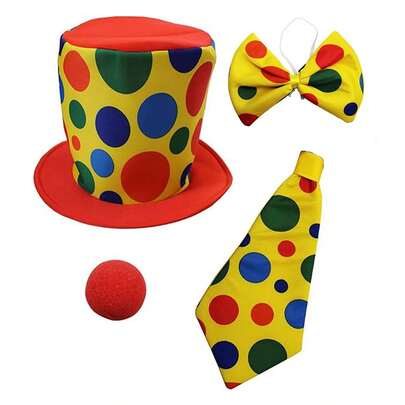 1 套波尔卡圆点派对复古趣味派对帽小丑服装，超大号小丑帽，巨型领带和小丑鼻子，小丑服装配饰，全季节日装饰舞会