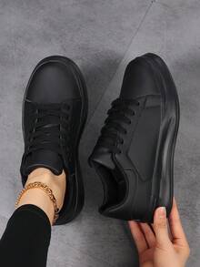 Plus Size Unisex White Sneakers, Waterproof Leather Casual Sports Shoes For Spring & Autumn, Suitable For Teenagers - Black - View 2
