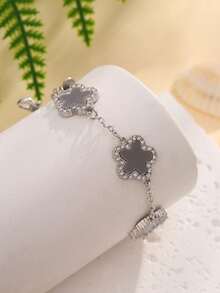 1 件灰色五叶草水钻镶嵌手链，时尚优雅，适合女性（无盒） - 銀色 - 查看 7